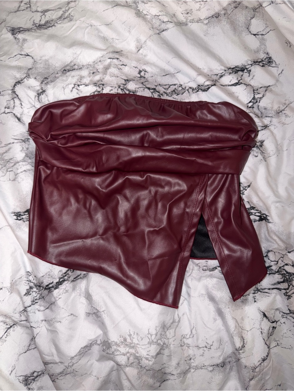 SHEIN Burgundy Strapless Faux Leather Asymmetrical Crop Tube Top